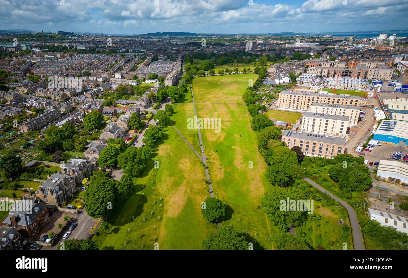 Aerial view from drone of Leith Links park and Leith district in