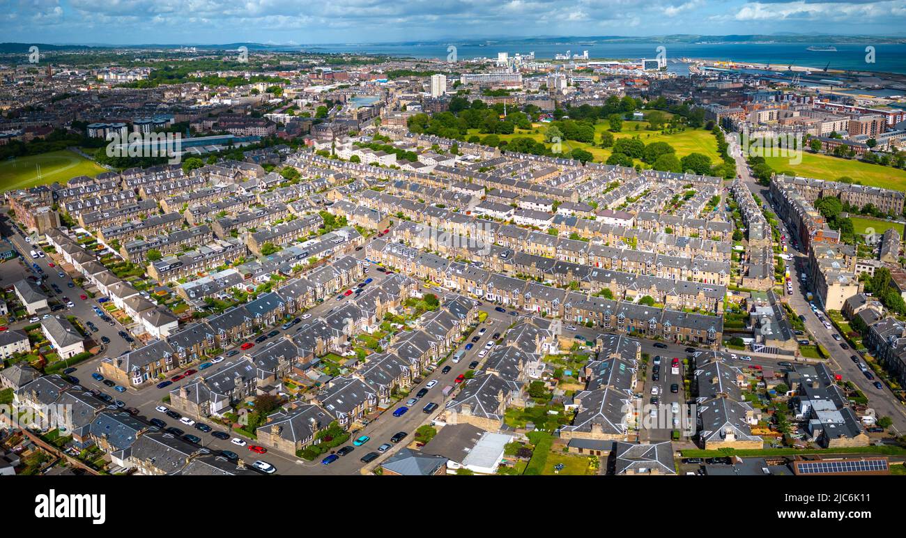 Aerial view from drone of dense urban housing in Leith, Edinburgh, Scotland, UK Stock Photo