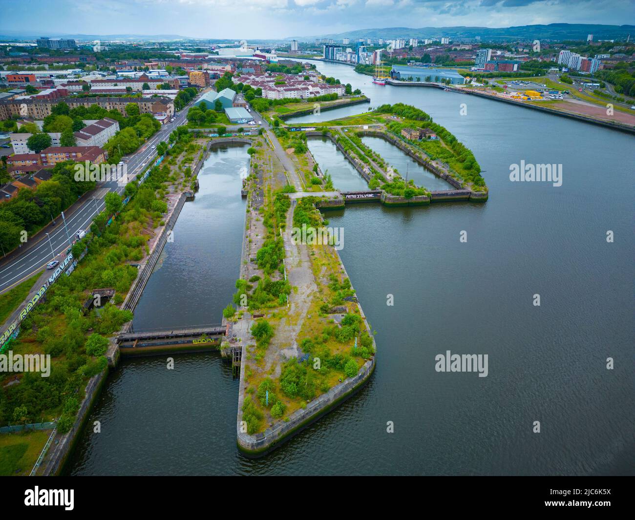 Aerial view of old disused former graving docks at Govan on the River Clyde in Glasgow, Scotland, UK Stock Photo