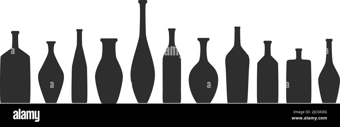 Vase and bottle silhouettes set. Different jugs and vessels silhouette collection. Various forms and shapes of vases. Clay ceramic or grass bottles Stock Vector