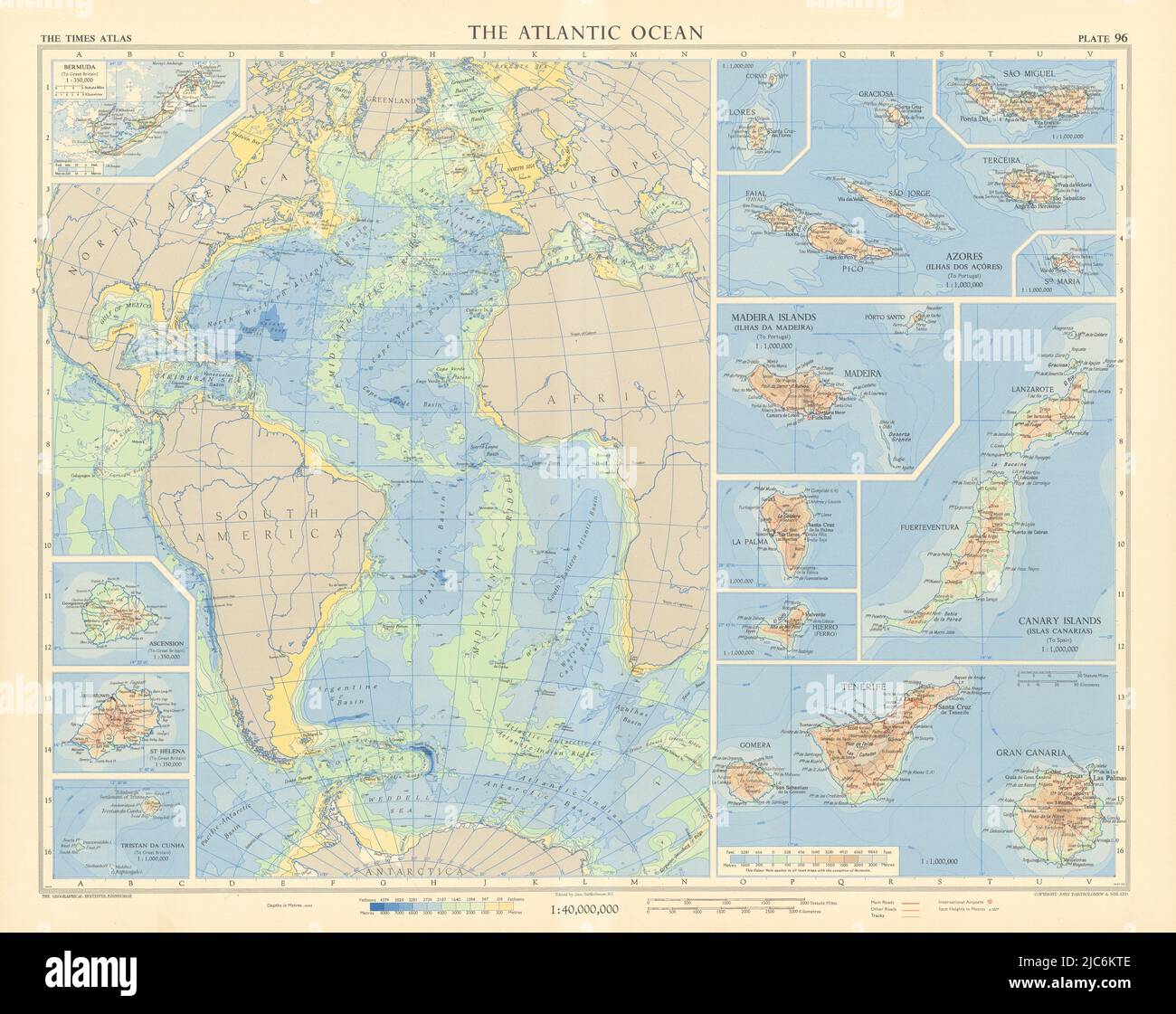 Atlantic Ocean islands. Canary Azores Madeira Bermuda Ascension. TIMES 1956 map Stock Photo