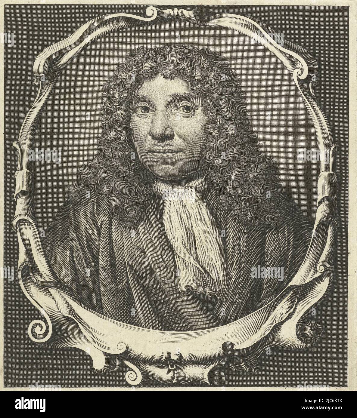 Portrait of Antonie van Leeuwenhoek, bust in oval frame with lobe ornament, Portrait of Antonie van Leeuwenhoek, print maker: Abraham de Blois, after: Jan Verkolje (I), Amsterdam, 1679 - 1717, paper, engraving, h 158 mm × w 143 mm Stock Photo