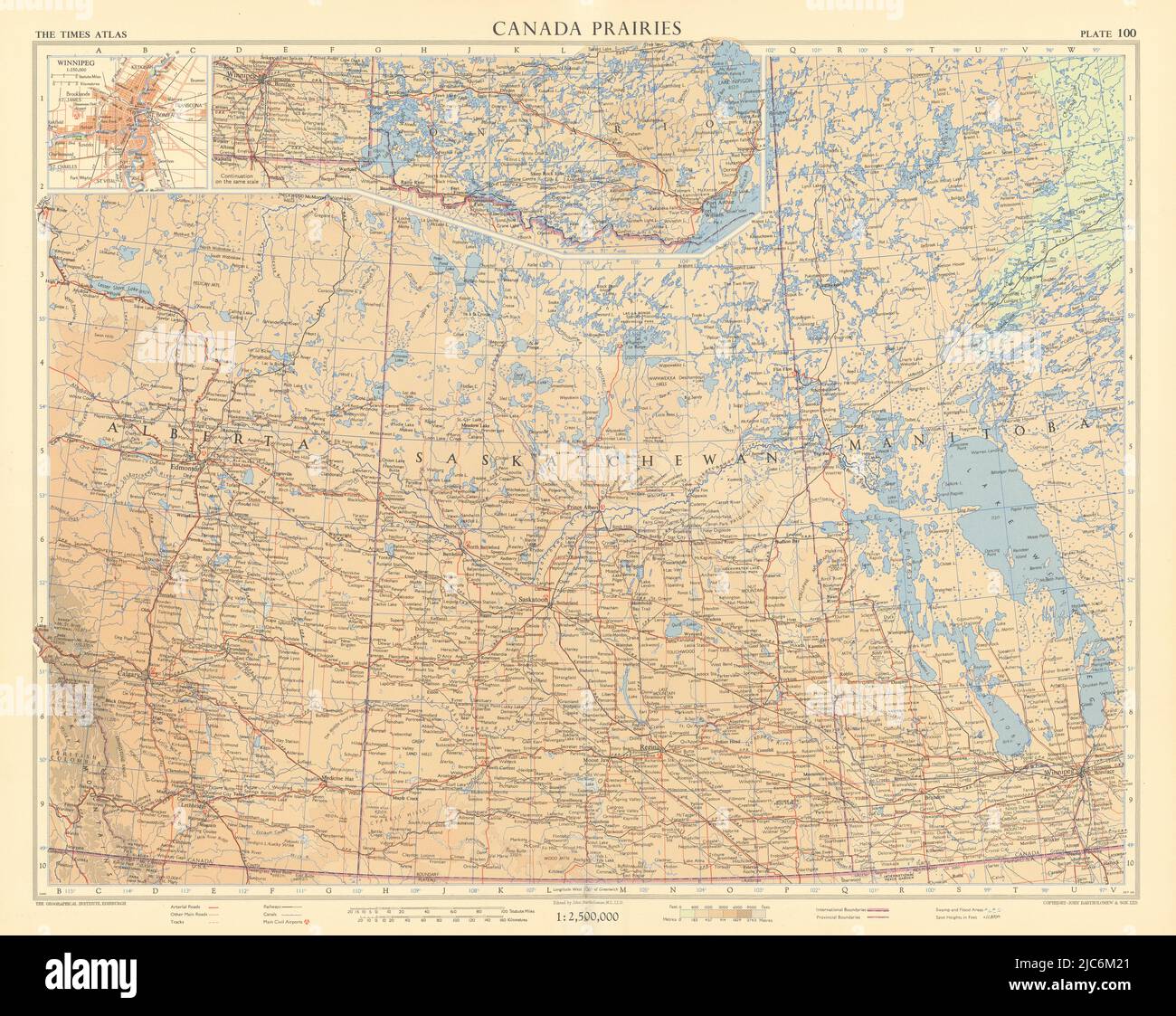 Canada Prairies. Winnipeg. Alberta Saskatchewan Manitoba. TIMES 1957 old map Stock Photo