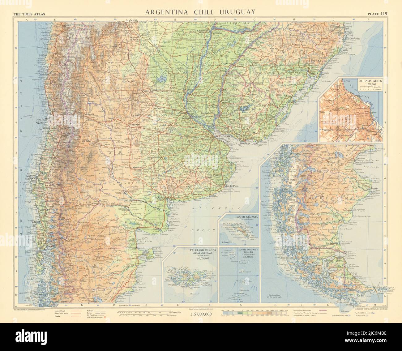 Argentina Chile Uruguay. Buenos Ayres plan. South America. TIMES 1957 old map Stock Photo