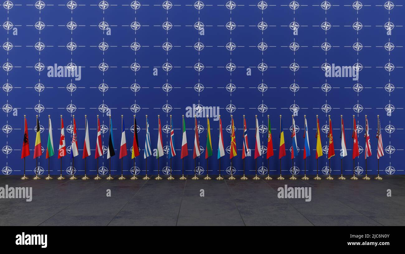 NATO Member countries flags, Flags of NATO members, NATO summit, 3D