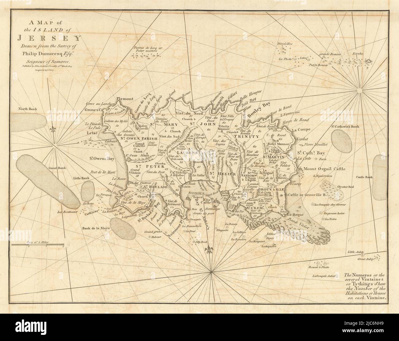 A map of the Island of Jersey by John CARY / Dumaresq. Channel Islands 1806 Stock Photo