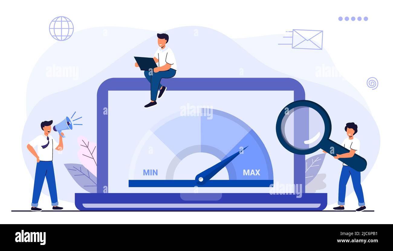 Website loading optimization Page speed and SEO Flat vector concept illustration Website speed Loading time Page optimization Speed test metering dial Stock Vector
