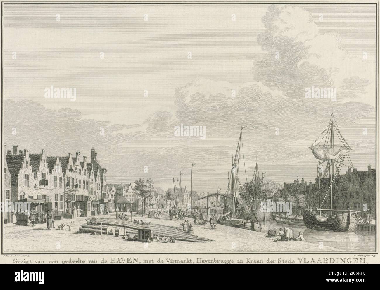 View of part of Vlaardingen harbor, seen from the Westhavenkade towards the  north. In the foreground and left the Westhavenplaats with the covered fish  market in the background on the left. In