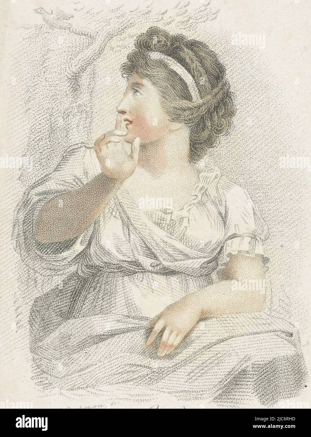 A woman is sitting by a tree. She holds her finger to her mouth to silence, Hearing Hearing  Five senses represented by female figures (series title) Die Funf Sinne (series title), print maker: Ludwig Gottlieb Portman, (mentioned on object), Schiavonetti, Noord-Nederland, 1787 - 1828, paper, h 112 mm × w 75 mm Stock Photo