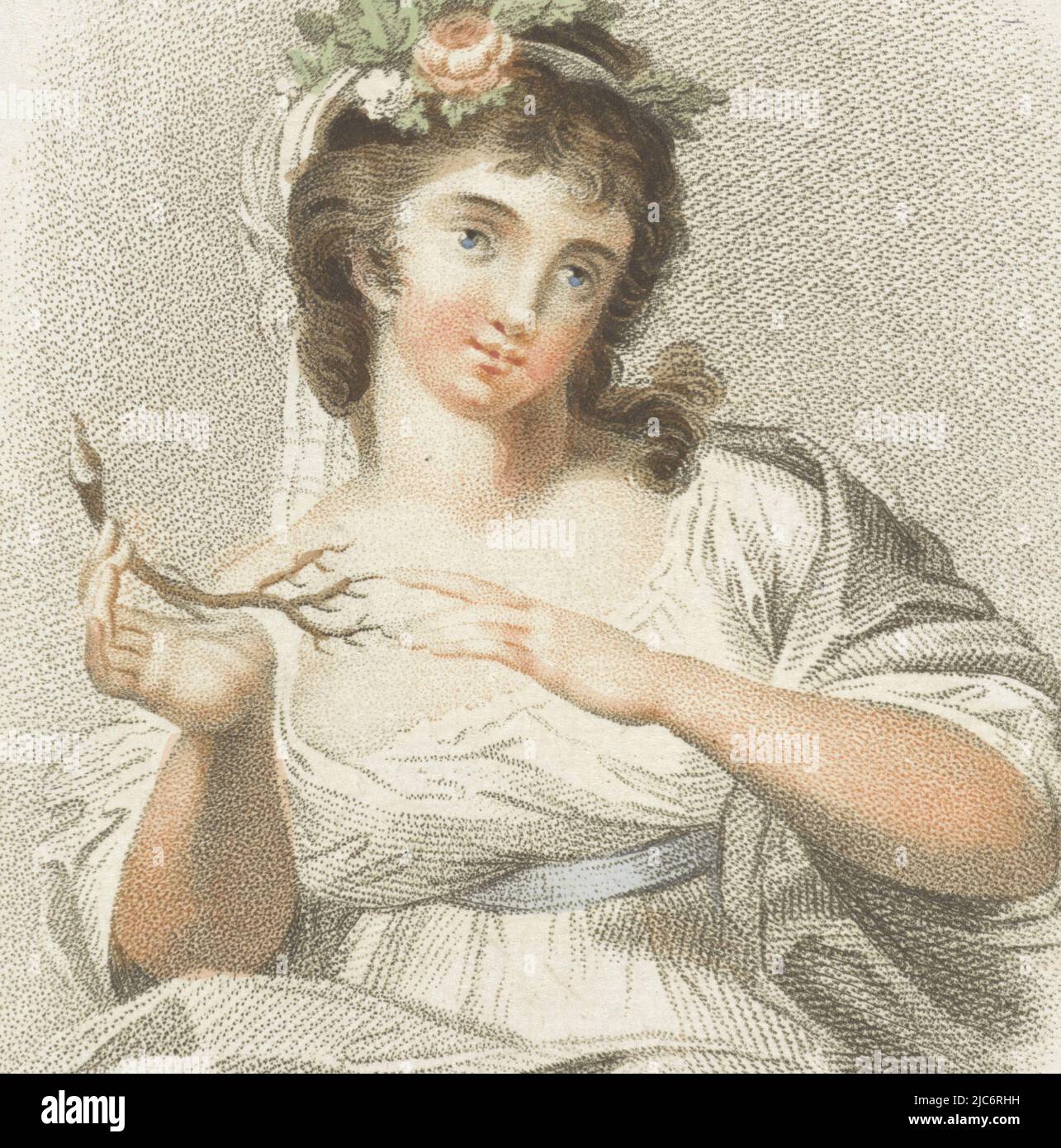 A woman is pricking herself on the thorns of the branch she is holding in her hand. She wears a garland of flowers on her head, Tastzin Gefühl  Five senses represented by female figures (series title) Die Funf Sinne (series title), print maker: Ludwig Gottlieb Portman, (mentioned on object), Schiavonetti, Amsterdam, 1787 - 1828, paper, h 113 mm × w 75 mm Stock Photo