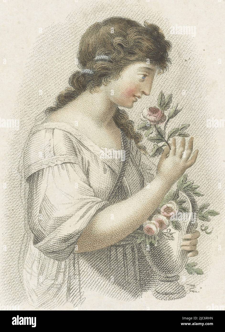 A woman smells the flower she is taking from the vase in her hand, Smell Geruch  Five senses represented by women figures (series title) Die Funf Sinne (series title), print maker: Ludwig Gottlieb Portman, (mentioned on object), Schiavonetti, Noord-Nederland, 1787 - 1828, paper, h 113 mm × w 76 mm Stock Photo
