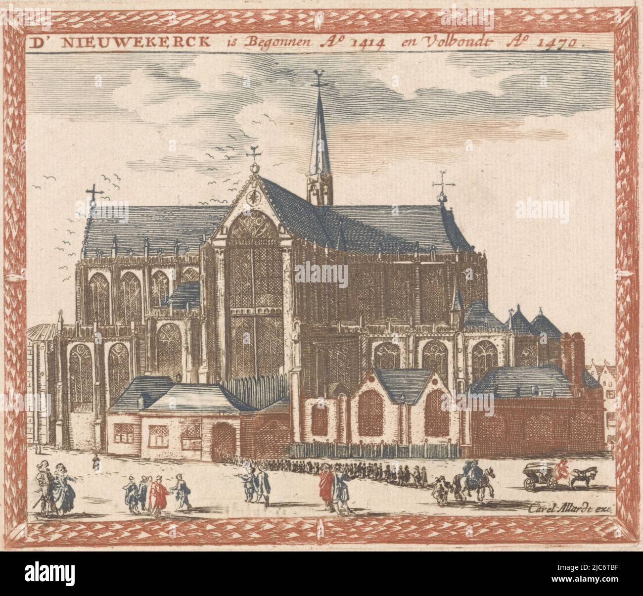 The Nieuwe Kerk in Amsterdam, with a procession of people entering the church and several figures in the foreground, Nieuwe Kerk in Amsterdam D' Nieuwekerck (...) , print maker: anonymous, Jan Veenhuysen, publisher: Carel Allard, (mentioned on object), Amsterdam, 1695 - 1699, paper, etching, engraving, h 124 mm × w 147 mm Stock Photo