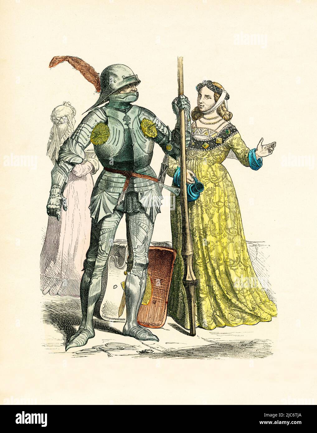 German Knight and Noblewoman, mid-15th Century, Illustration, The History of Costume, Braun & Schneider, Munich, Germany, 1861-1880 Stock Photo