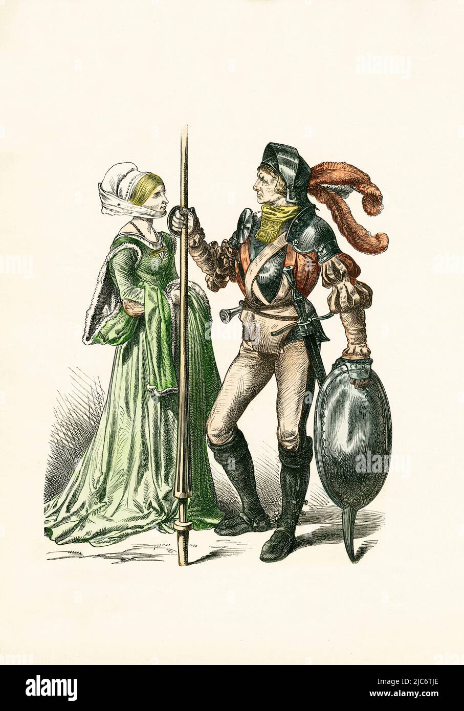 German Townswoman and Townsman in Armor, 1st Third of 16th Century, Illustration, The History of Costume, Braun & Schneider, Munich, Germany, 1861-1880 Stock Photo