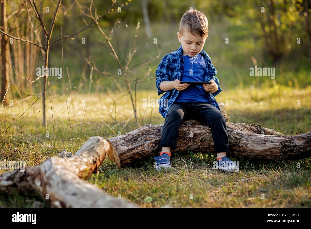 Cheerful child sitting on a fallen tree, watching cartoons on the phone