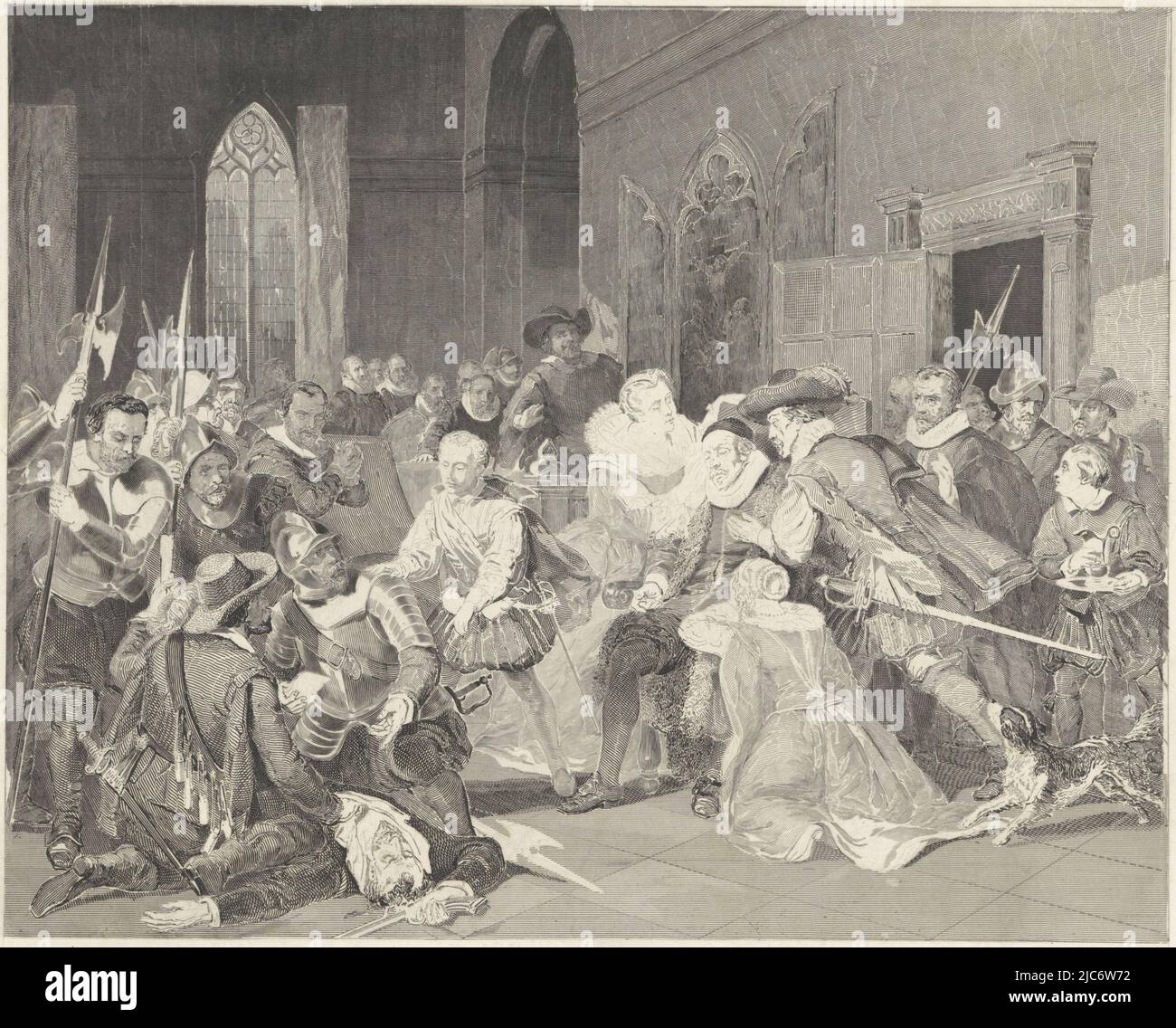 Attack of Jean de Jauregui on Prince William I, 18 March 1582 in Antwerp. Interior with the prince sitting wounded in a chair, with family and others around him. To the left on the floor is the body of the slain Jean de Jauregui. Maurice asks the soldiers to examine him., Attack of Jean de Jauregui on Prince William I, 18 March 1582, print maker: Johann Wilhelm Kaiser (I), after: Nicolaas Pieneman, Amsterdam, 1853, paper, etching, engraving, h 415 mm × w 490 mm Stock Photo