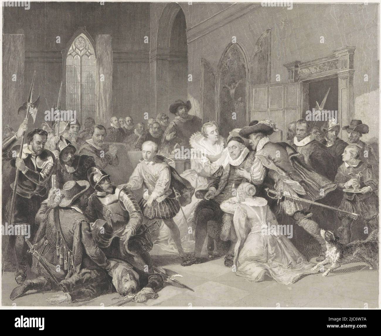 Attack of Jean de Jauregui on Prince William I, 18 March 1582 in Antwerp. Interior showing the prince sitting wounded in a chair, with family and others around him. To the left on the floor is the body of the slain Jean de Jauregui. Maurice asks the soldiers to examine him., Attack of Jean de Jauregui on Prince William I, 18 March 1582, print maker: Johann Wilhelm Kaiser (I), (mentioned on object), after: Nicolaas Pieneman, Amsterdam, 12-Aug-1853, paper, etching, engraving, h 415 mm × w 490 mm Stock Photo
