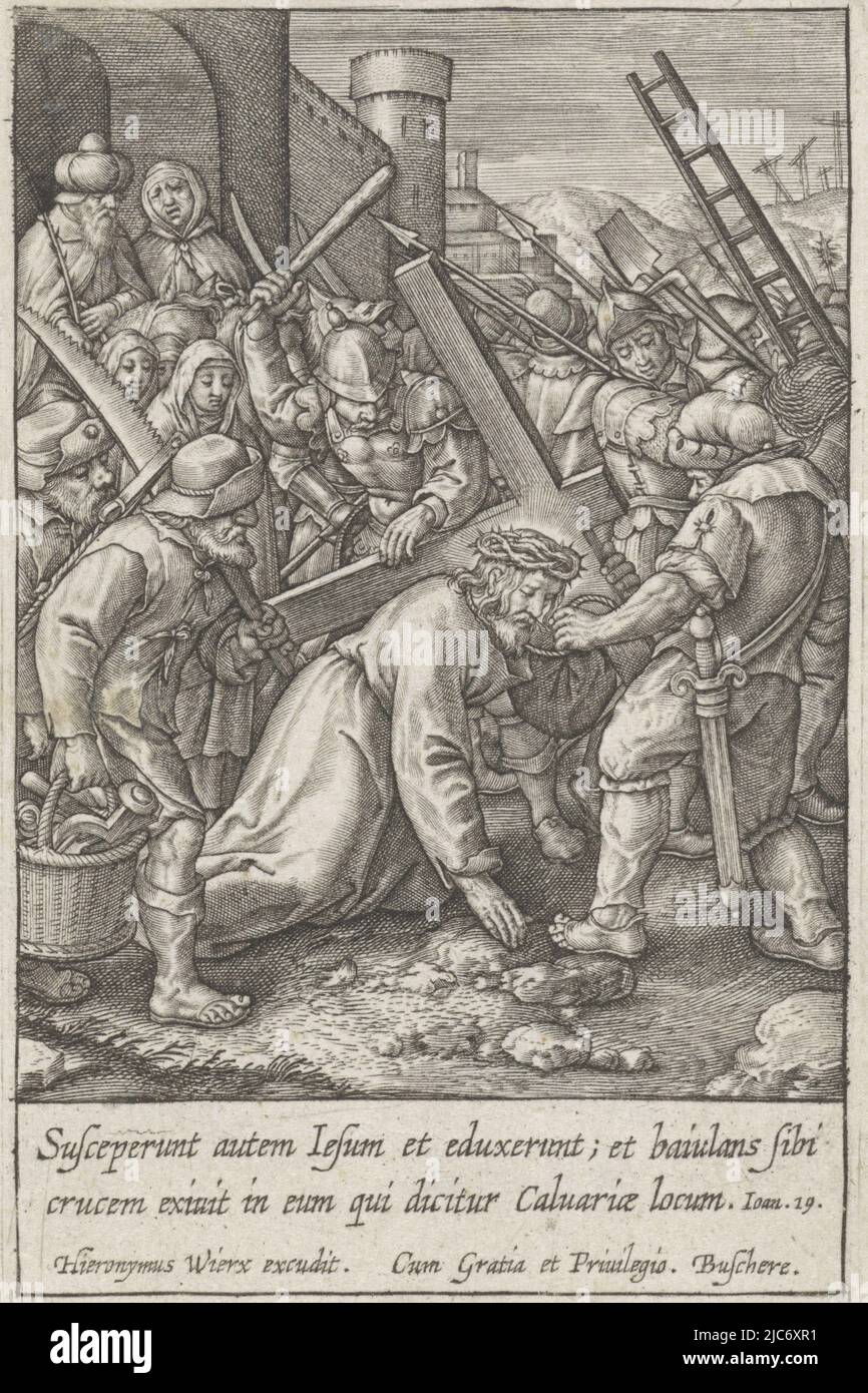 Christ falls while carrying his cross to Calvary. A Roman soldier urges him to stand up. In the margin a two-line Bible quotation from John 19 in Latin., Crucifixion Passion of Christ (series title), print maker: Hieronymus Wierix, Hieronymus Wierix, publisher: Hieronymus Wierix, (mentioned on object), Antwerp, 1563 - before 1619, paper, engraving, h 100 mm × w 65 mm Stock Photo