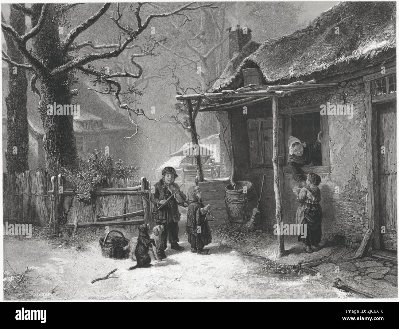 From the door of a thatched farmhouse, a woman bends down to a girl, who holds a steaming bowl in her hands. From the snowy yard, a little girl with a triangle is watching them. Behind her is a boy playing the violin, with beside him two dogs, one of which is doing a trick., Singing Children at a Farm A Christmas Carol , print maker: Dirk Jurriaan Sluyter, (mentioned on object), after: Mari ten Kate, (mentioned on object), publisher: Vereeniging tot Bevordering van Beeldende Kunsten, (mentioned on object), Amsterdam, 1841 - 1886, paper, etching, h 650 mm × w 547 mm Stock Photo