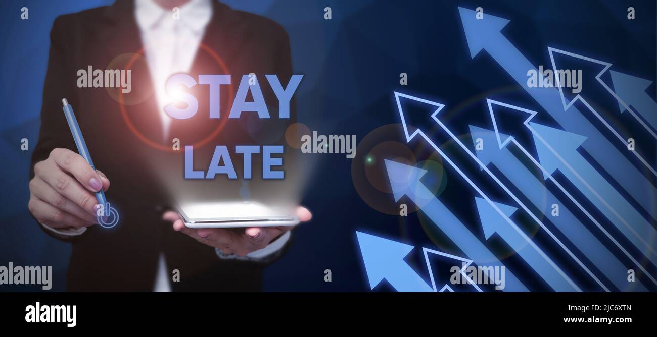 Text caption presenting Stay Late. Business concept A routine in which