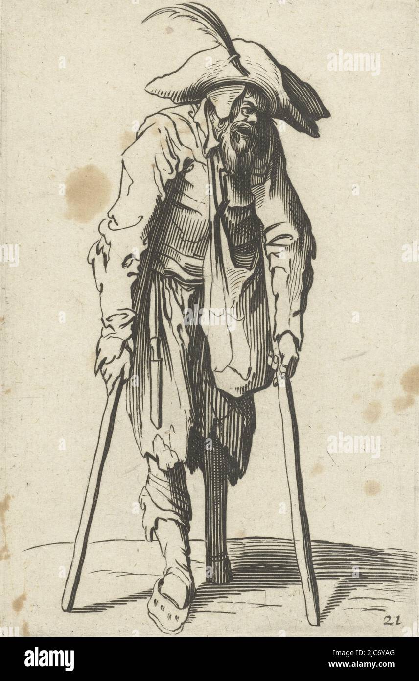 Man with a wooden leg, dressed in rags, seen from the front, resting on