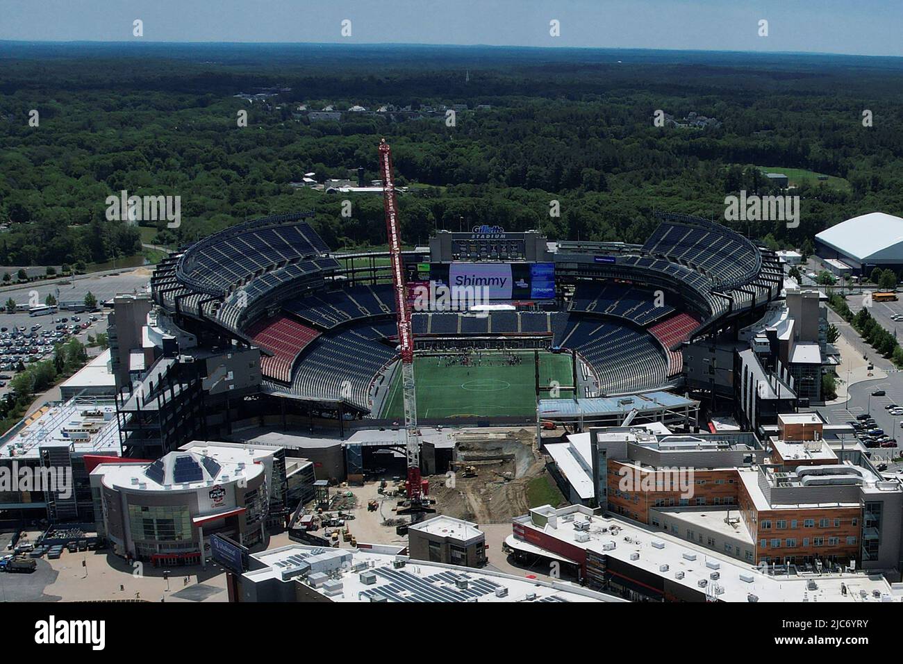 Gillette Stadium, home of the New England Revolution soccer team and the New England Patriots NFL football team, is pictured in Foxborough, Massachusetts, U.S., June 10, 2022. Picture taken with a drone.  REUTERS/Brian Snyder Stock Photo