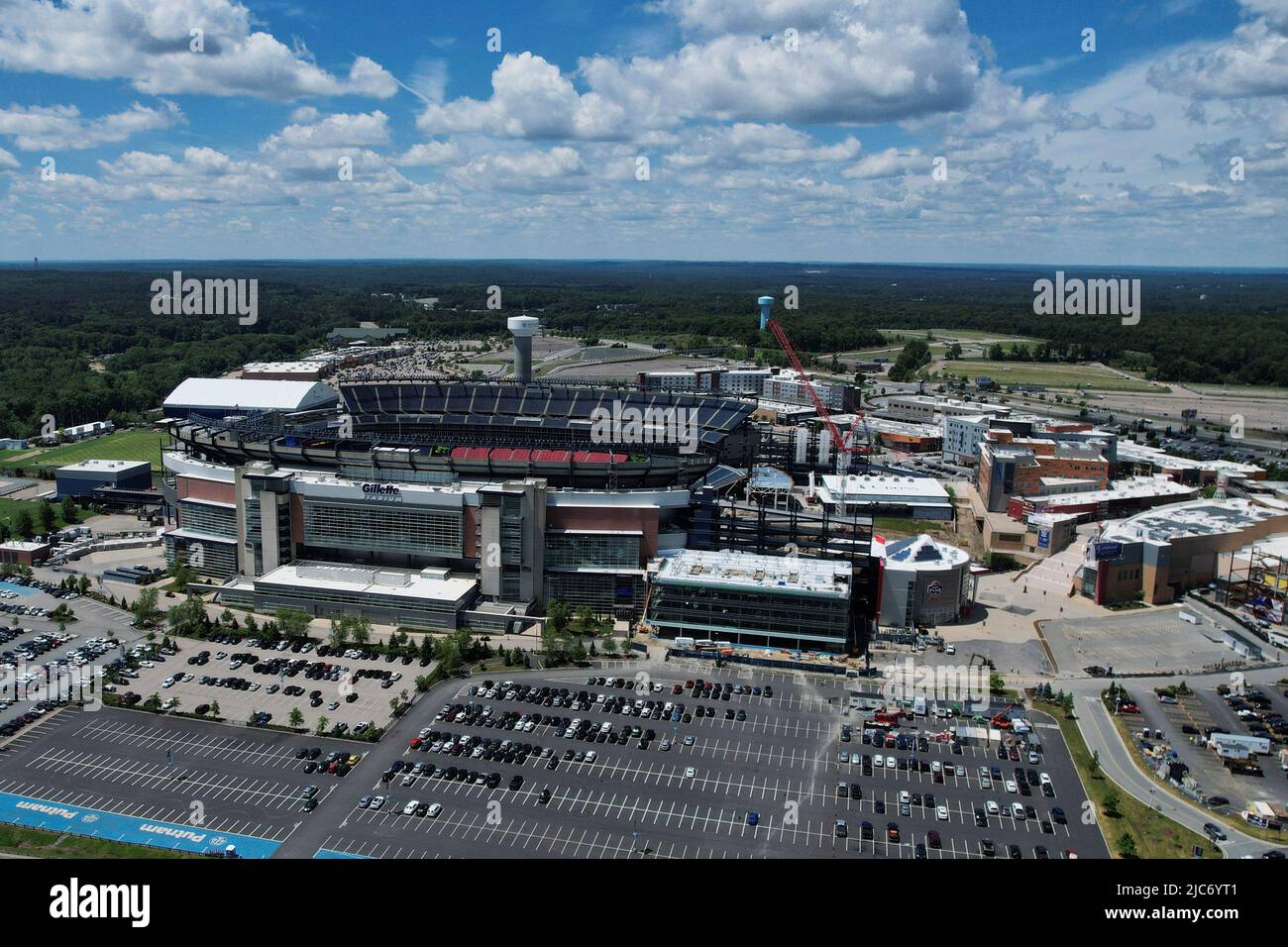 Gillette Stadium, home of the New England Revolution soccer team and the New England Patriots NFL football team, is pictured in Foxborough, Massachusetts, U.S., June 10, 2022. Picture taken with a drone.  REUTERS/Brian Snyder Stock Photo