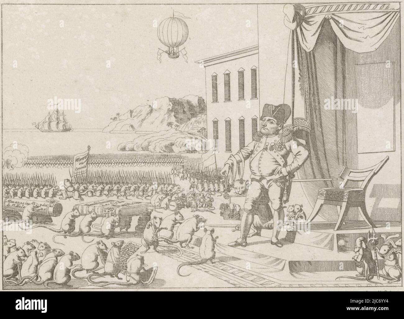 Cartoon in which the exiled Napoleon celebrates his birthday on St Helena, along with the rats. Napoleon standing before a people of rats honoring him as a monarch. Napoleon handing out medals to some rats. In the sky a hot air balloon, in the distance a blockade ship. On the occasion of Napoleon's banishment to St Helena in October 1815, Celebrating Napoleon's Birthday on St Helena, 1815 Wie der - dies Jahr in Europa nicht mehr gefeyerte - Napoleons-Tag auf der Insel St: Helena festlich begangen wird , print maker: Johann Michael Voltz, publisher: Friedrich Campe, print maker: Germany Stock Photo