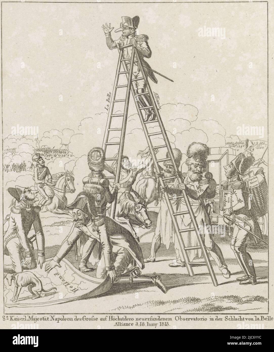 Cartoon of Napoleon standing on a ladder during the battle of Waterloo on June 18, 1815. Napoleon standing at the top of the ladder with glasses on his extremely long nose. The ladder held by three sappers. In front left, a dog poops on the map of Holland placed on the ground by two French generals. On the right, a foolhardy messenger with Napoleon's Proclamation of Laeken under his arm; behind this, Napoleon's travelling coach is ready to depart. In the caption two verses of seven lines each, Napoleon on his mobile lookout, 1815 Se. Kaiserl. Majestät Napoleon der Grösse auf Höchstdero Stock Photo