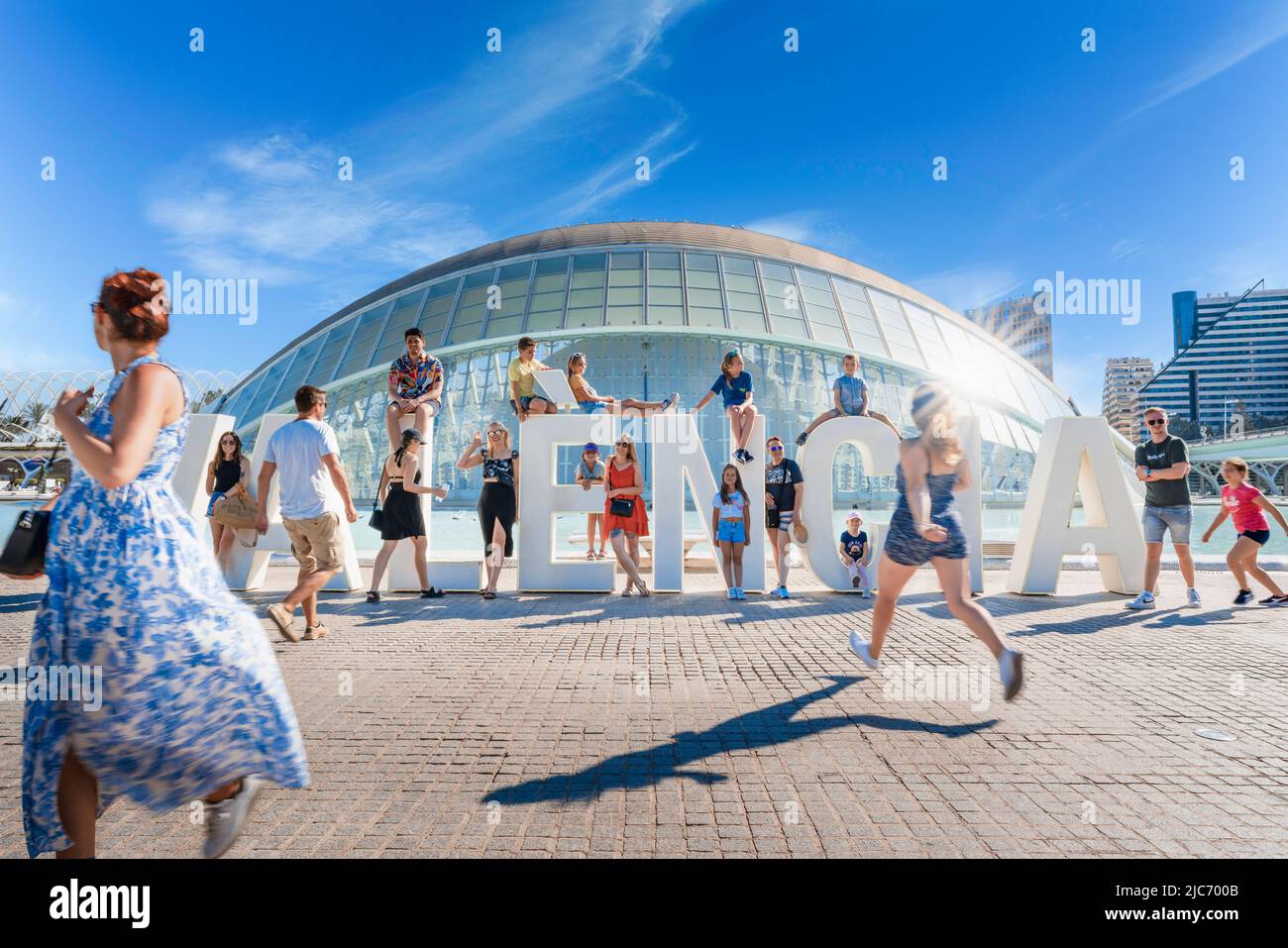 A group of tourists enjoy Valencia city in Spain Stock Photo