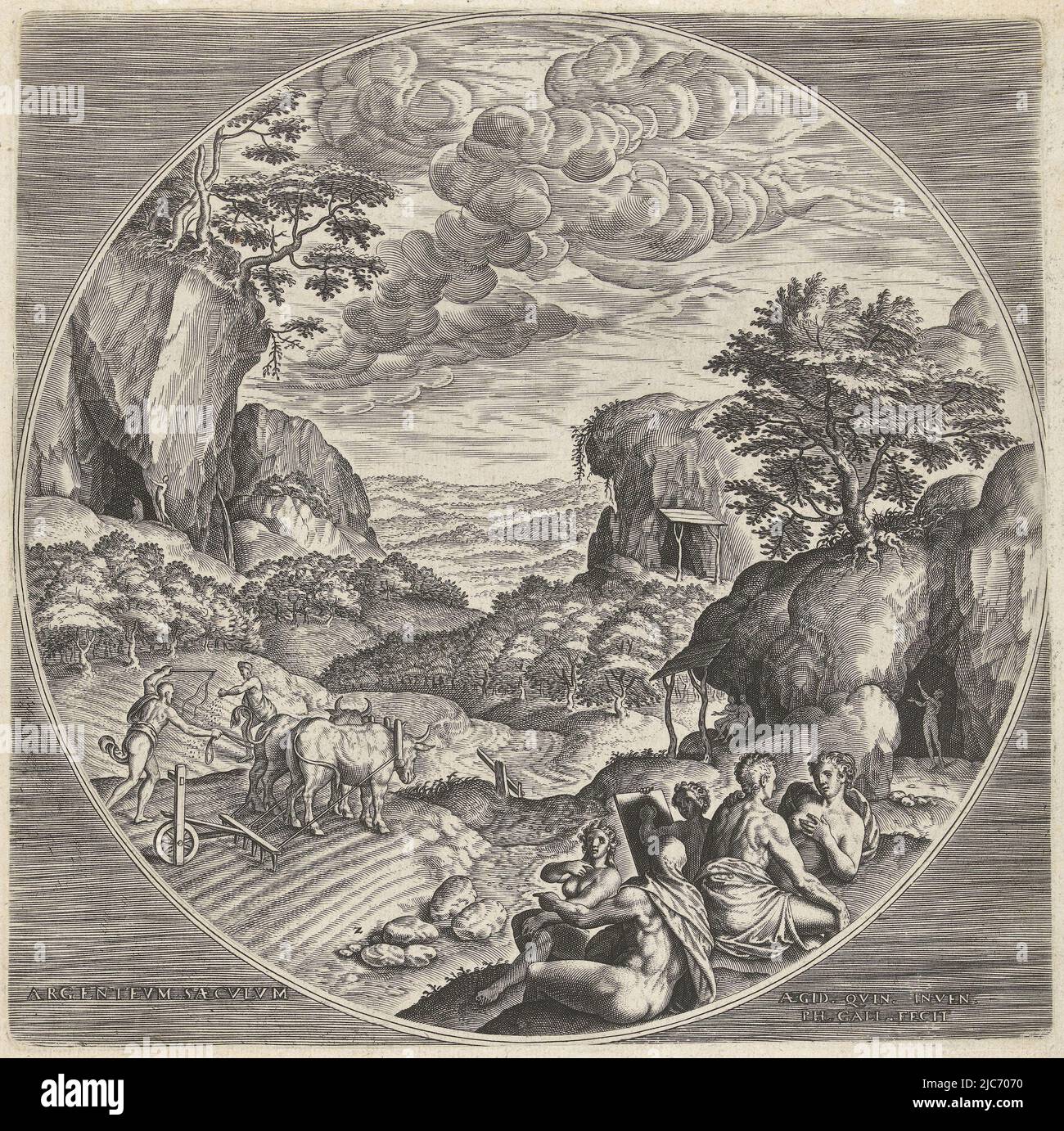 In a circular frame the Silver Age of Jupiter. In the foreground some semi-clothed people are practicing the arts. In the background, a field is being plowed and people are building homes in caves. The print refers to the mythologically inspired idea that during the Silver Age man had to deal with the seasons. People now had to work the land, seek shelter in houses and protect themselves from the cold. There was also talk for the first time of practicing the seven liberal arts. The print is part of a series on the four ages and has a Latin, French and Dutch caption., Silver Age Argenteum Stock Photo