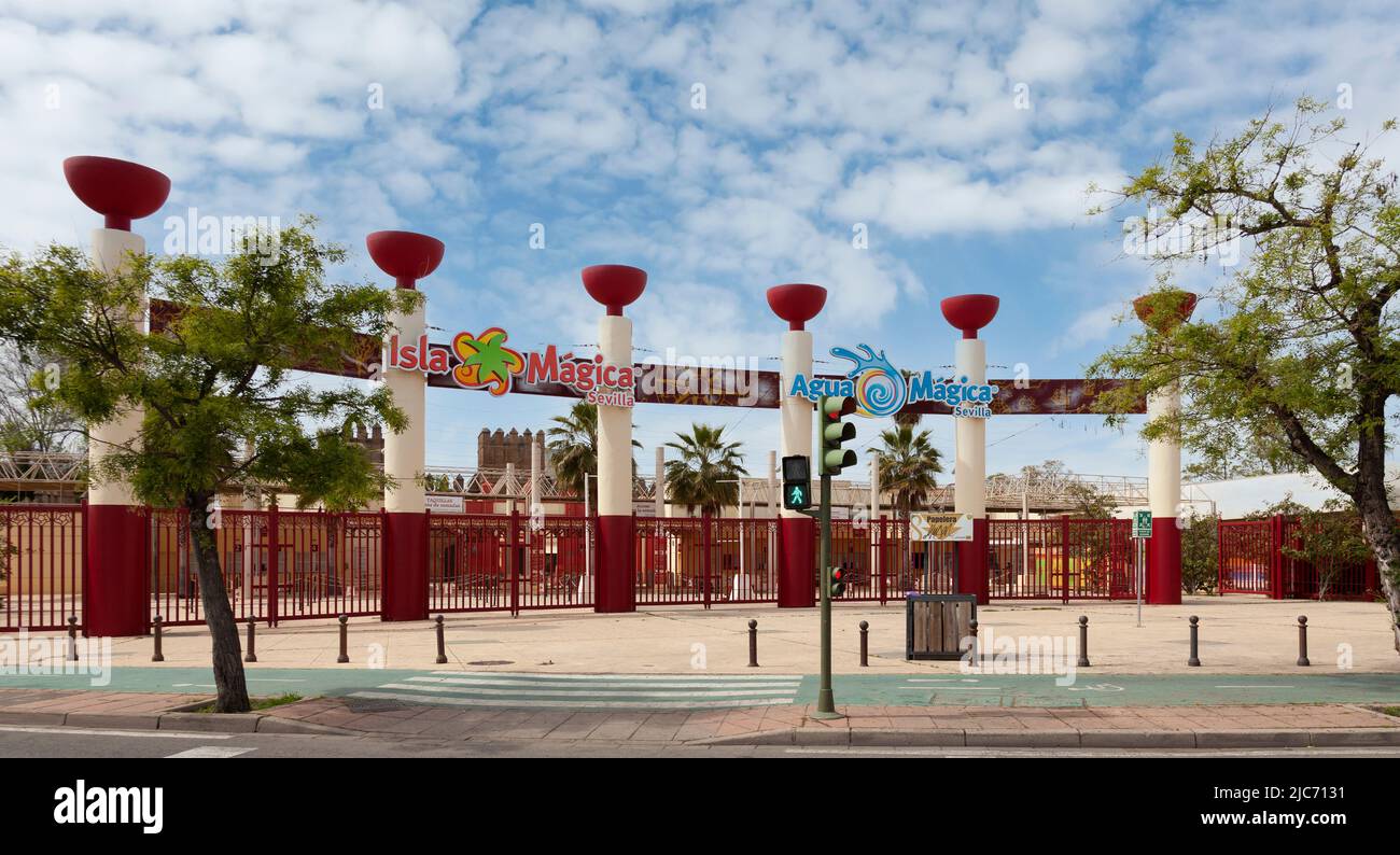 Entrance to the Isla Mágica Theme Park, which incorporates Agua Mágica, in the north east area of central Seville, on part of the site of Expo '92. Stock Photo