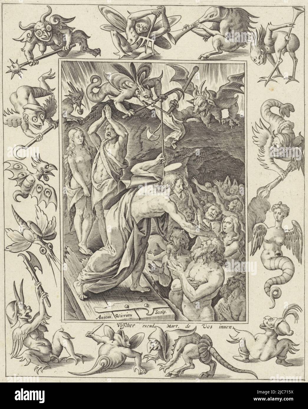 After his death, Christ descends into limbo. At the gates of hell, he reaches out to anonymous figures. Three devils look on. The scene is framed in an ornamental frame decorated with several devils. Christ in Limbo Passion of Christ , print maker: Antonie Wierix (II), (mentioned on object), Maerten de Vos, (mentioned on object), publisher: Claes Jansz. Visscher (II), (mentioned on object), print maker: Antwerp, publisher: Amsterdam, 1582 - 1586, paper, engraving, h 190 mm × w 149 mm Stock Photo