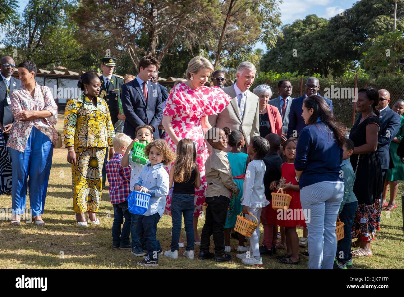 DR Congo. 10th June, 2022. Minister for Development Cooperation Meryame Kitir (L) , State Secretary for scientific policy Thomas Dermine (3L), Queen Mathilde of Belgium and King Philippe - Filip of Belgium pictured during a visit to the 'Ecole Belge' private school in Lubumbashi, during an official visit of the Belgian Royal couple to the Democratic Republic of Congo, Friday 10 June 2022. The Belgian King and Queen will be visiting Kinshasa, Lubumbashi and Bukavu from June 7th to June 13th. BELGA PHOTO NICOLAS MAETERLINCK Credit: Belga News Agency/Alamy Live News Stock Photo