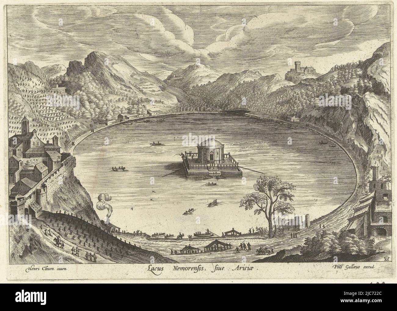 View of Lake Nemi with a temple in the middle of the lake. Several ships on the lake. The print is part of a series depicting various places in the Mediterranean, View of Lake Nemi Lacus Nemorensis, sive Ariciae Ruinarum varii prospectus , Hendrick van Cleve, (mentioned on object), print maker: anonymous, publisher: Philips Galle, (mentioned on object), Antwerp, print maker: Antwerp, publisher: Haarlem, 1585, paper, engraving, h 175 mm × w 244 mm Stock Photo
