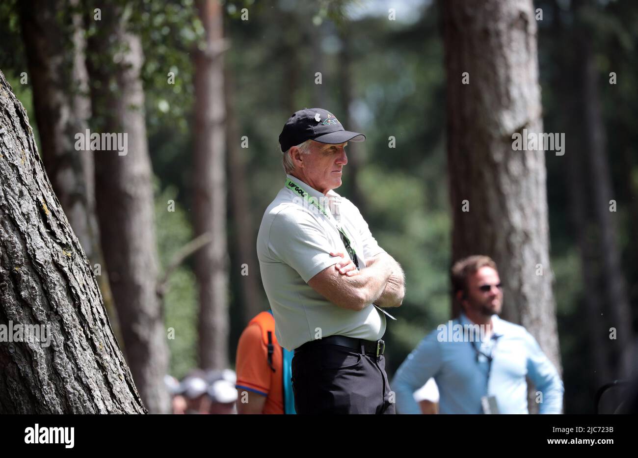 London, UK. 10th June, 2022. CEO of LIV golf Greg Norman watches the action during the second round of the inaugural LIV Golf event at the Centurion club in Hertfordshire on Friday, June 10, 2022.The event is 12 teams of four players competing over 54 holes for a prize pot of $25million dollars to the winning team. Photo by Hugo Philpott/UPI Credit: UPI/Alamy Live News Stock Photo