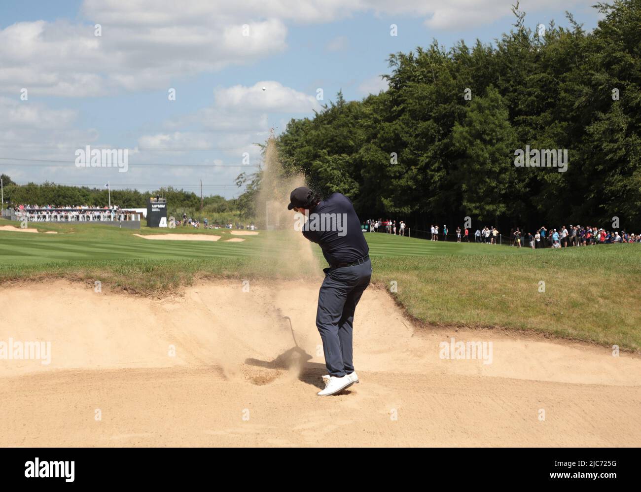 London, UK. 10th June, 2022. American Phil Mickelson hits out of the bunker during the second round of the inaugural LIV Golf event at the Centurion club in Hertfordshire on Friday, June 10, 2022.The event is 12 teams of four players competing over 54 holes for a prize pot of $25million dollars to the winning team. Photo by Hugo Philpott/UPI Credit: UPI/Alamy Live News Stock Photo