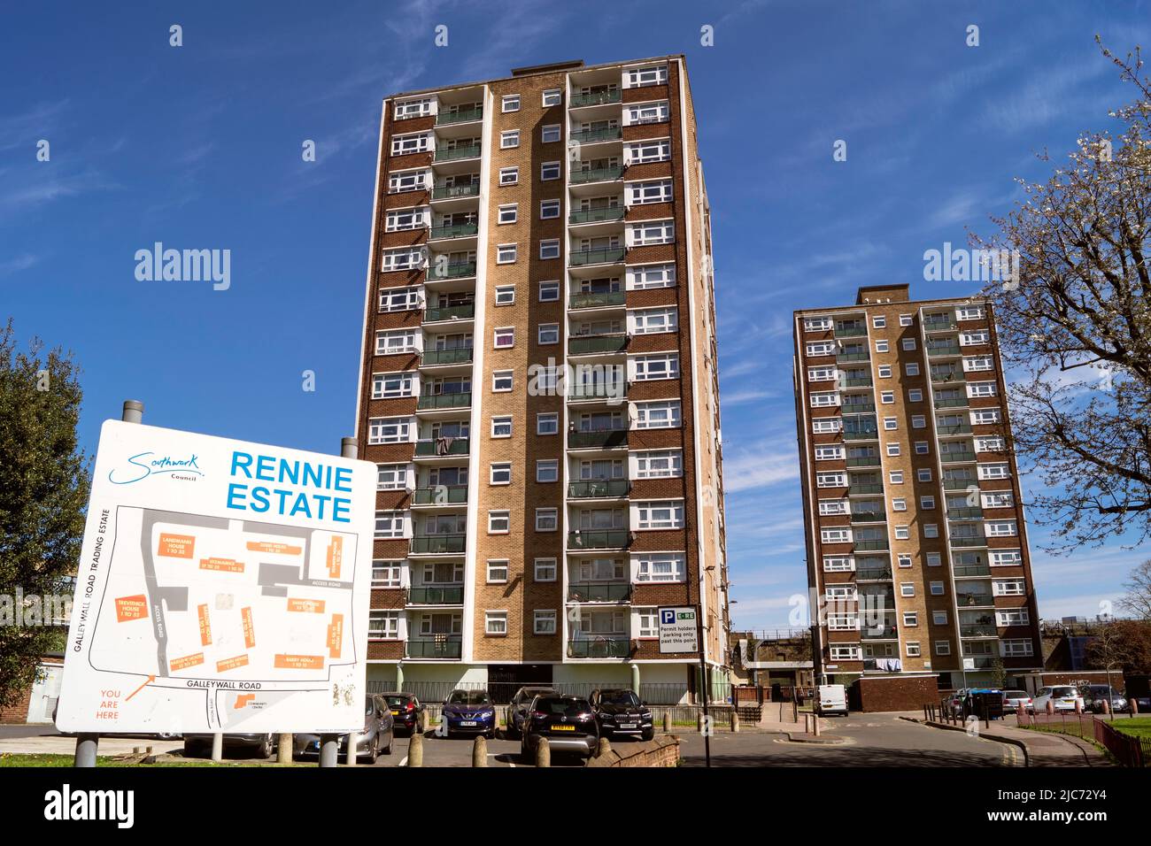 Rennie Estate tower blocks and housing estate signage in South London