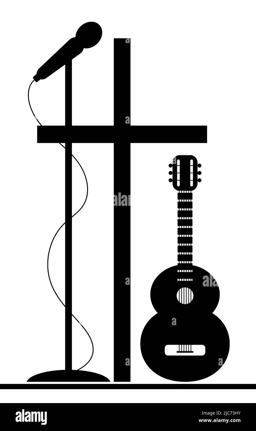 Musical instruments and cross. Symbolic image of modern Сhristian music, chants, psalms Stock Photo
