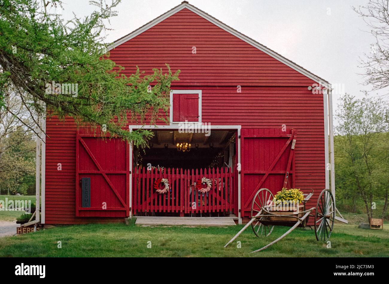 The Old Barn on an overcast day at the historic Wayside Inn. Image was captured on analog film. Sudbury, Massachusetts USA. Stock Photo