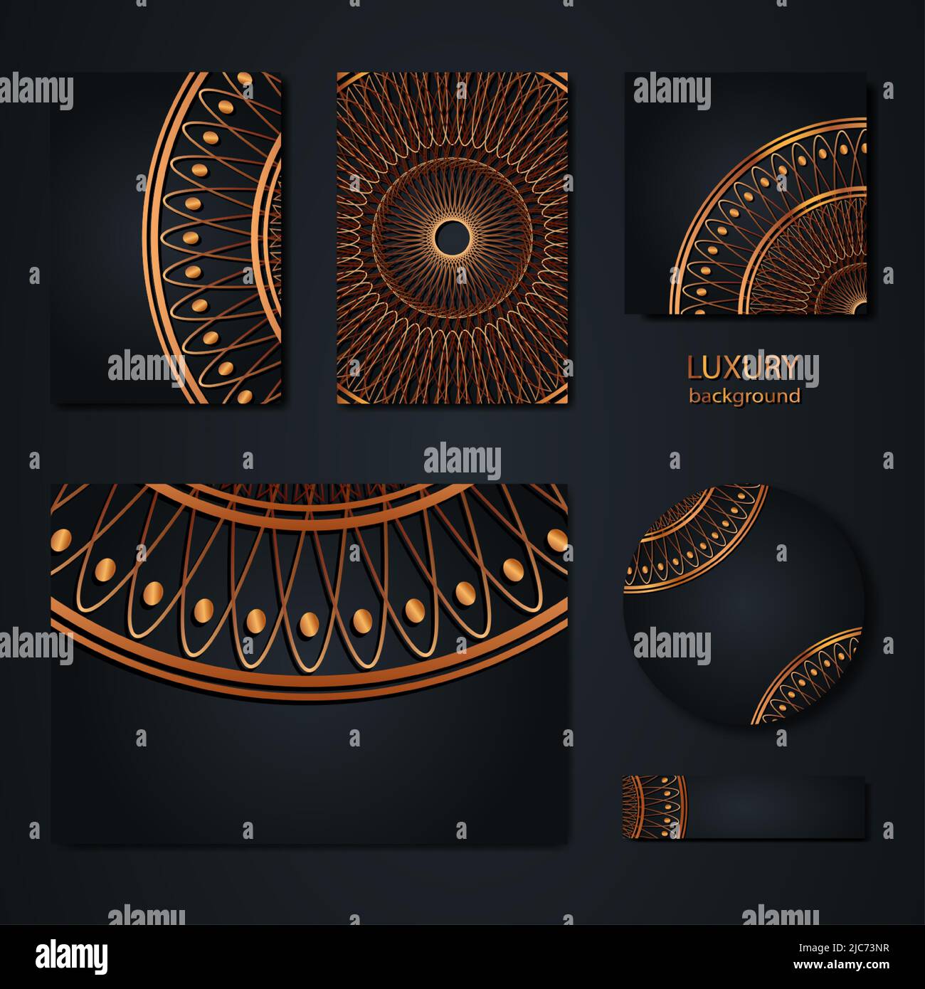 Set Black Card Decorative round gold frame Mandala for design with floral ornament. Circle ...