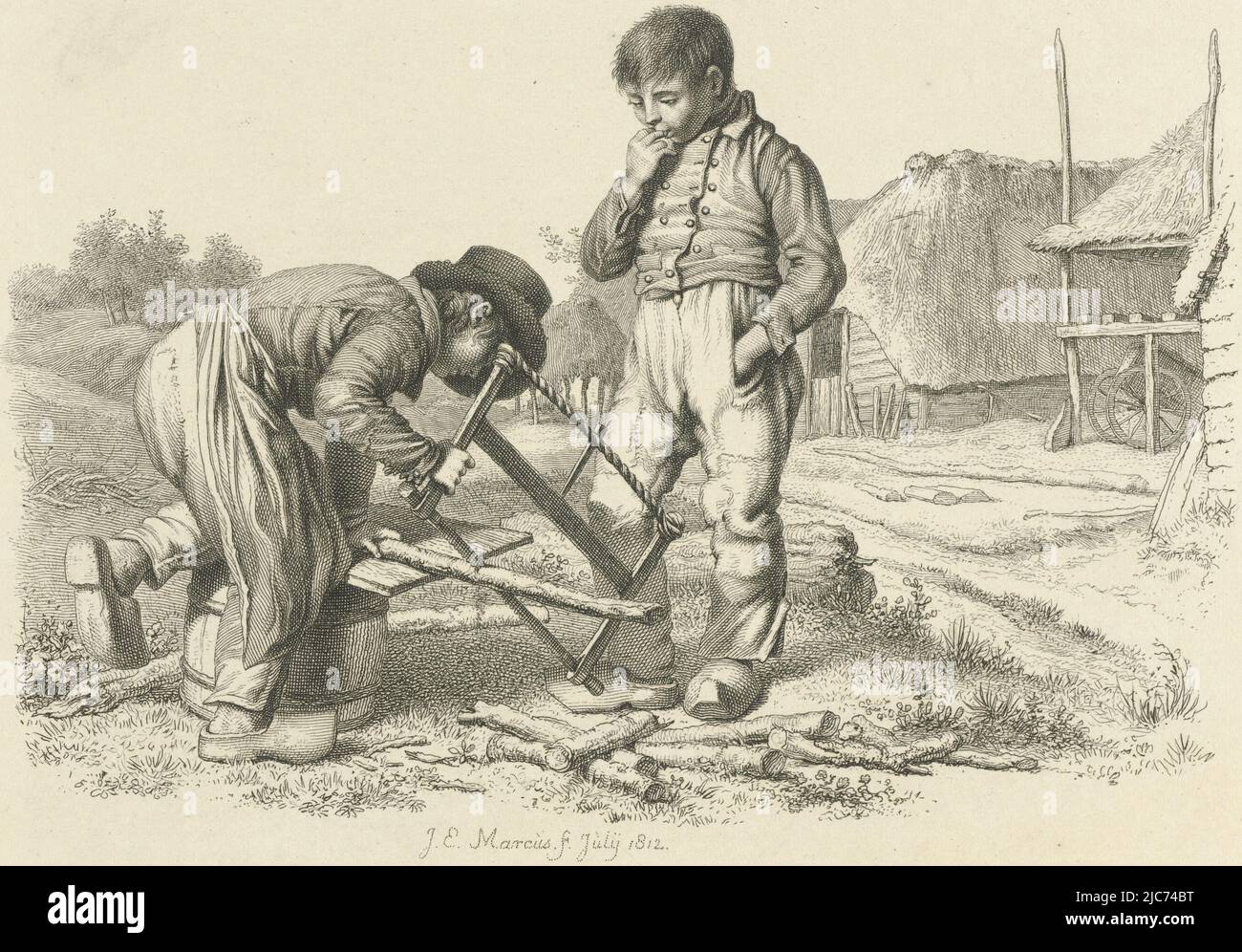 A boy cutting a branch. Next to him is a second boy with a finger in his mouth. In the background a farm, Sawing and a standing boy Study printwork, Etudes grav, print maker: Jacob Ernst Marcus, (mentioned on object), Amsterdam, Jul-1812, paper, etching, h 188 mm × w 237 mm Stock Photo