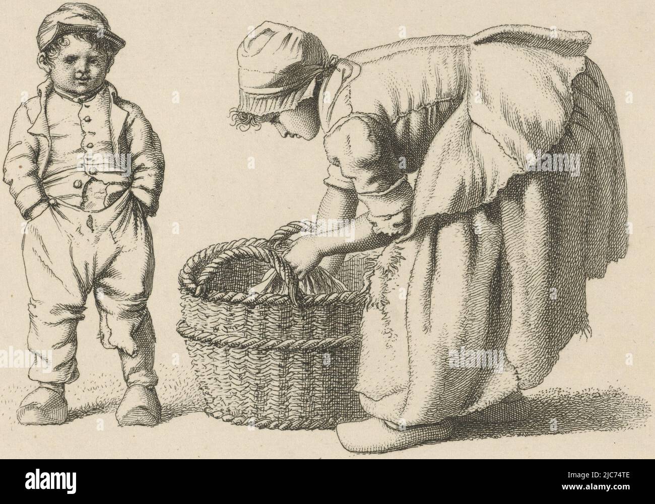 A girl stooping near a basket and a boy standing, Stooping girl near a ...