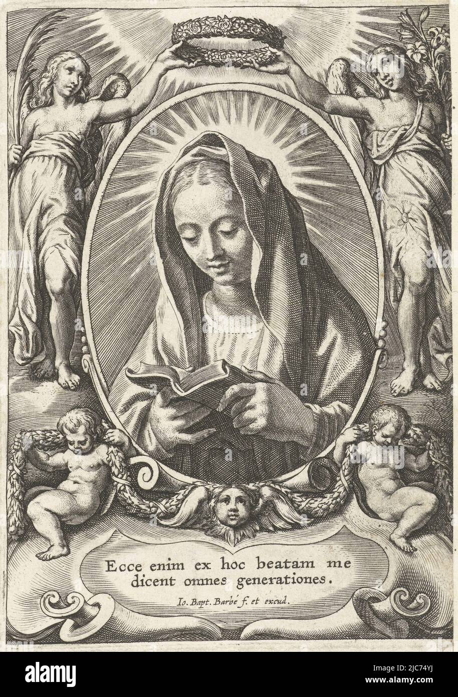 Mary reading in book in oval frame flanked by angels with lily and palm branch. In a cartouche is the text in Latin from the Magnificat, a hymn to Mary: From now on everyone praises me. Mary with book SS. Apostolorum et Evangelistorum Icones , print maker: Jan-Baptist Barbé, (mentioned on object), intermediary draughtsman: Theodoor van Loon, publisher: Jan-Baptist Barbé, (mentioned on object), 1588 - 1648, paper, engraving, h 129 mm × w 94 mm Stock Photo