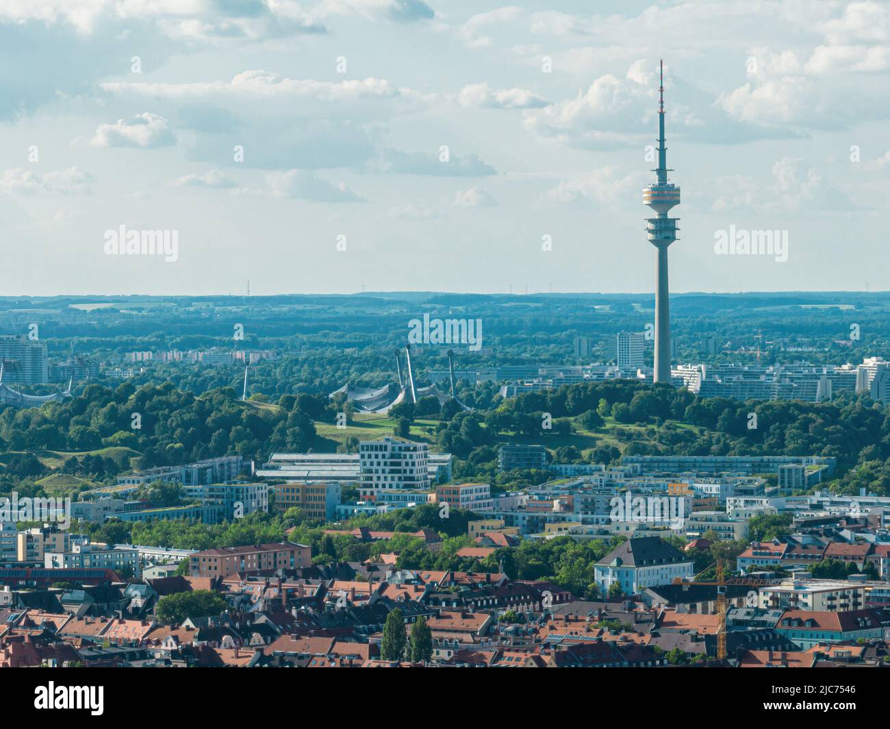 View of the Olympic Stadium and the Fernsehturm in Munich, Germany Stock Photo