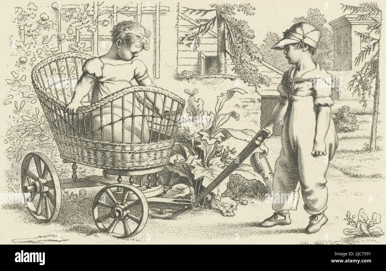 Two children with a baby carriage Study printwork, Etudes grav, print maker: Jacob Ernst Marcus, (mentioned on object), Amsterdam, Jun-1809, paper, etching, h 115 mm × w 175 mm Stock Photo