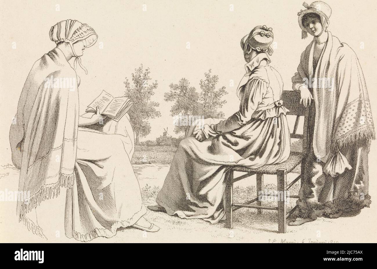 A seated reading lady and a seated lady on a chair with a standing lady behind her. In the background a river landscape with a mill on the horizon, Three ladies in a landscape Study printwork, Etudes grav, print maker: Jacob Ernst Marcus, (mentioned on object), Amsterdam, Jan-1810, paper, etching, h 141 mm × w 207 mm Stock Photo