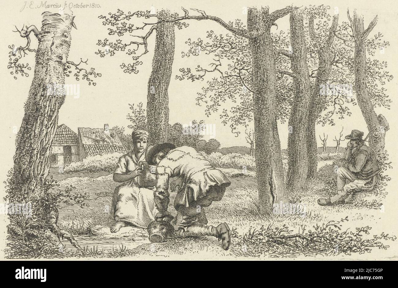 A kneeling man scooping water from a stream with a jug, a seated woman with a jug on her lap and a seated man with a stick among trees, Figures among trees Study printwork, Etudes grav, print maker: Jacob Ernst Marcus, (mentioned on object), Amsterdam, Oct-1810, paper, etching, h 119 mm × w 197 mm Stock Photo