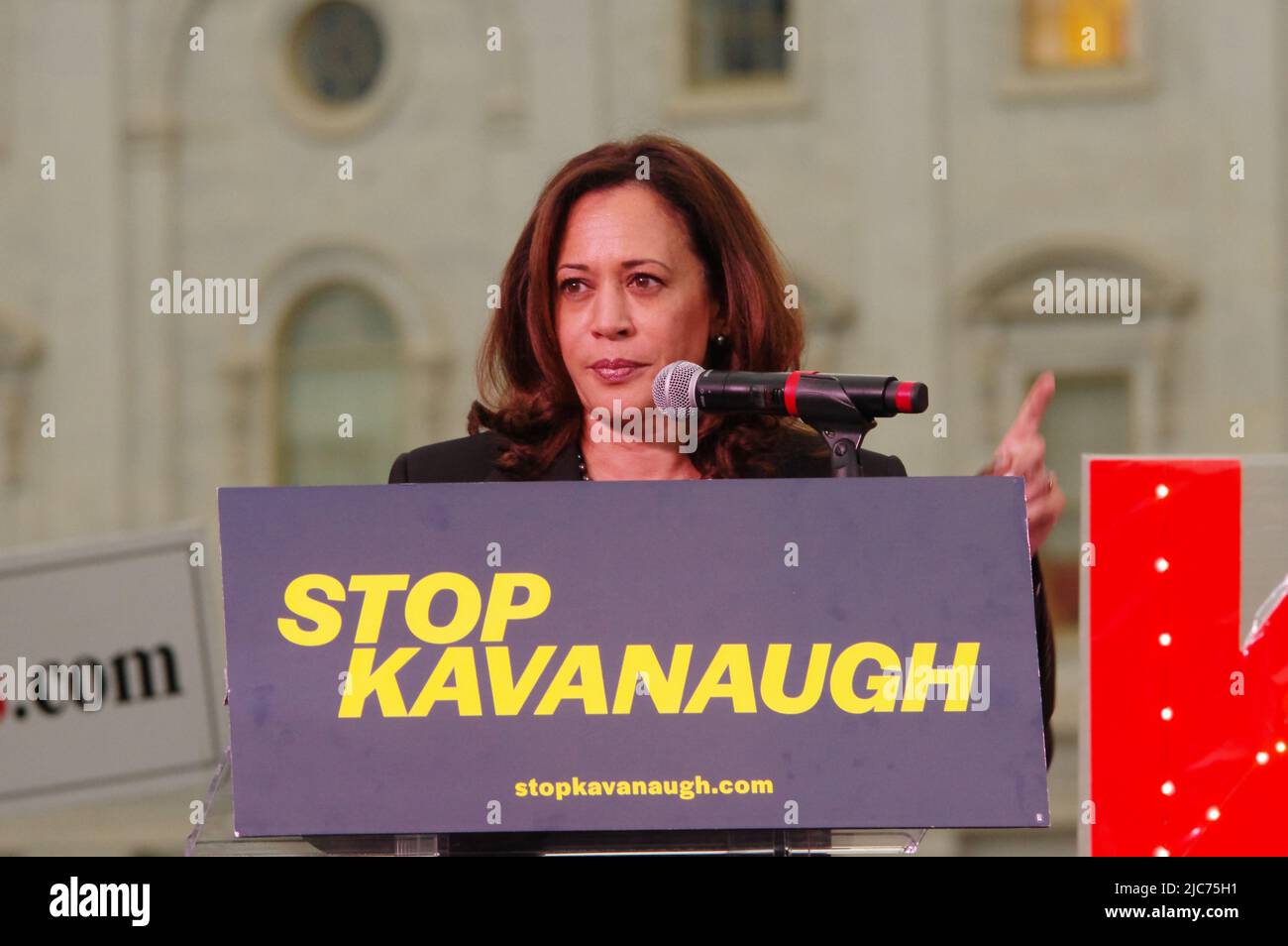 U.S. Sen. Kamala D. Harris (D-Cal.) speaks at a rally to oppose Brett Kavanaugh's nomination to the Supreme Court on 4 October 2018. Stock Photo