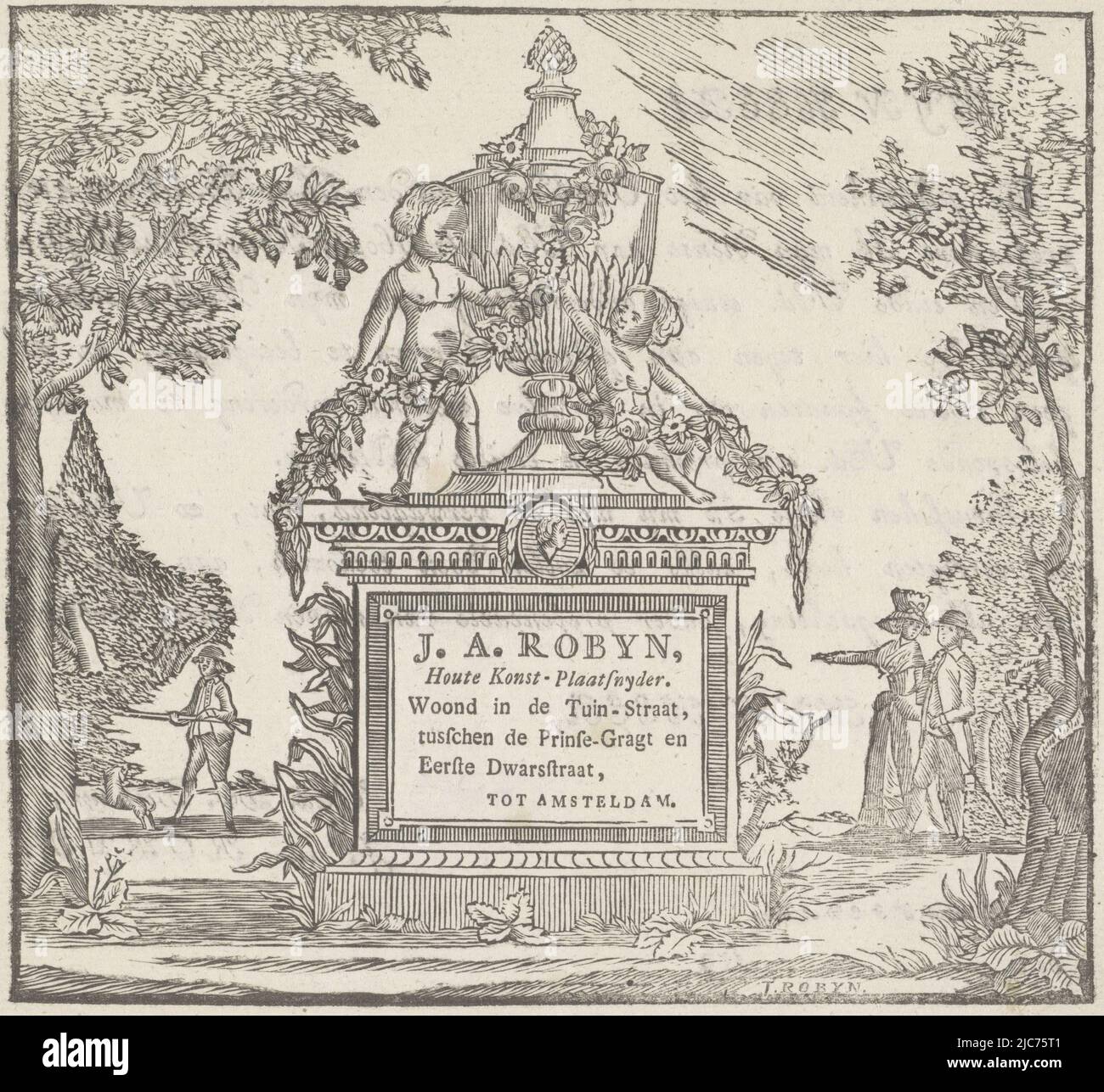 Monument with a large ornamented cup and two putti. On the pedestal six lines of Dutch text. In the background several figures and a dog walk among the trees. Advertisement for printmaker Jacobus Robijn, print maker: Jacobus Robijn, (mentioned on object), Amsterdam, c. 1657 - c. 1747, paper, letterpress printing, h 165 mm × w 209 mm Stock Photo
